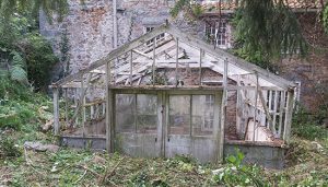 Close up of broken greenhouse door and window with green mould growing.
